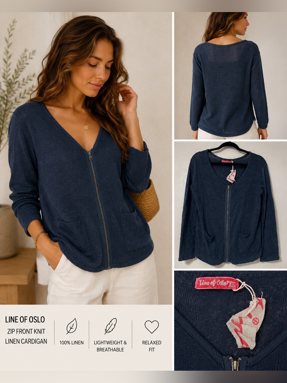 NWT Line of Oslo XS 100% Linen Navy Zip Cardigan Scandinavian Coastal